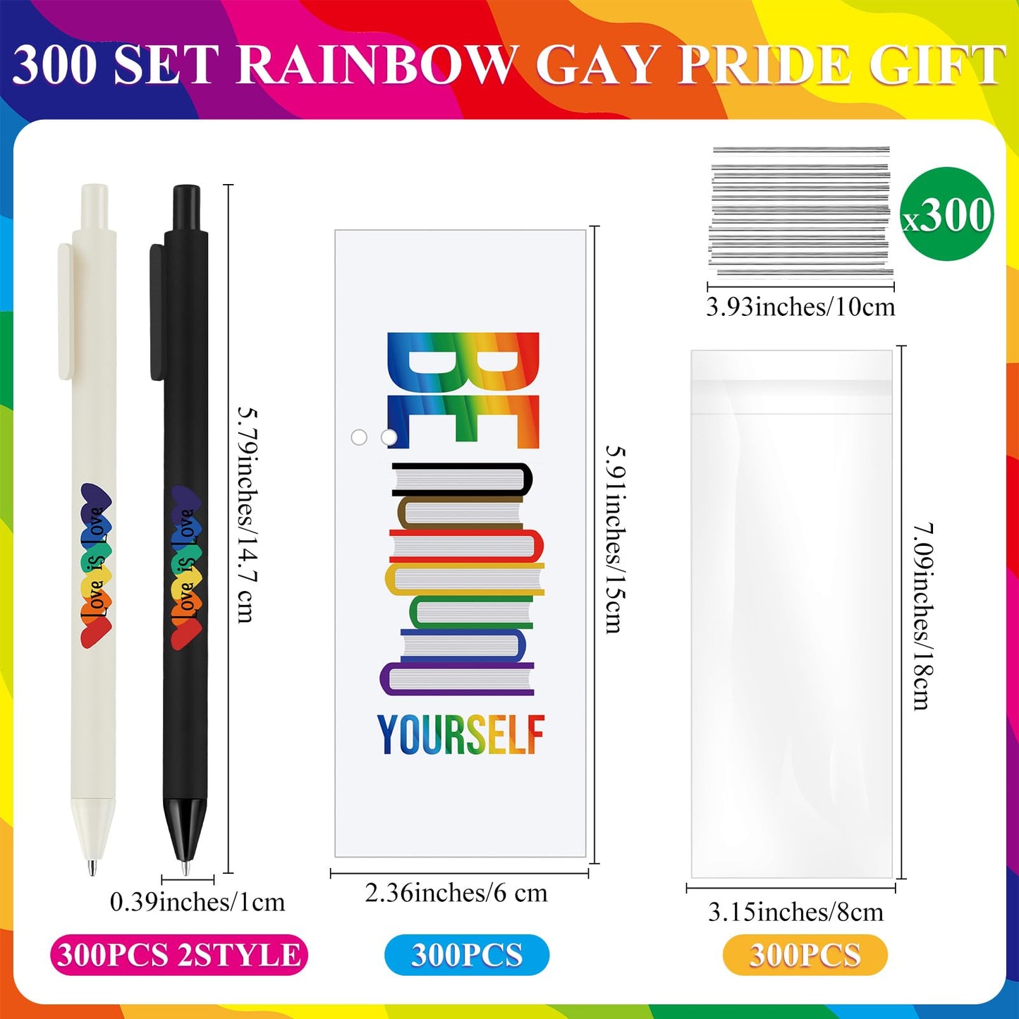 Spakon 300 Sets Rainbow Gay Pride Gift Include Retractable Writing Ballpoint Pen Paper LGBT Greeting Cards OPP Bags for Lesbian Pride Month Love Is Love Anniversaries Women Men Office Supplies