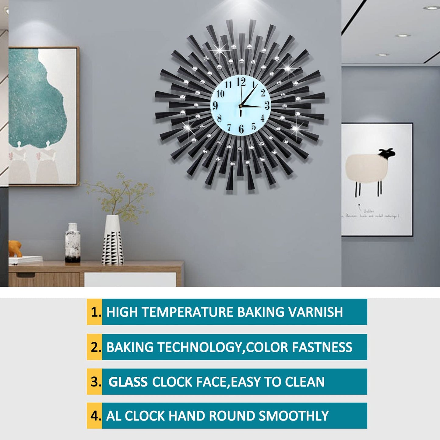 JUGV Large Wall Clock Decorative Wall Clocks 3D Non-Ticking Silent Quartz Clocks with Arabic Numerals for Living Room Home Kitchen Decor