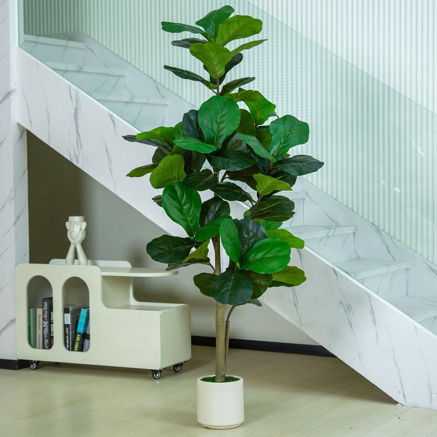 VIVATREES 5FT Fiddle Leaf Fig Artificial Tree with White Planter Pot,Faux Floor Plant, Indoor and Outdoor Fake Plants for Home Office Decor