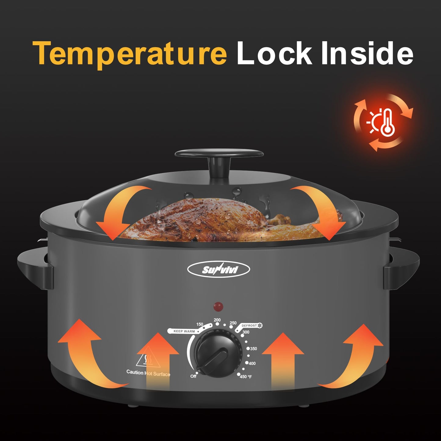 SUNVIVIPRO Slow Cooker with Self-Basting Lid, Electric Turkey Roaster Oven with Removable Pan and Rack, Stainless Steel, Grey, 8 QT