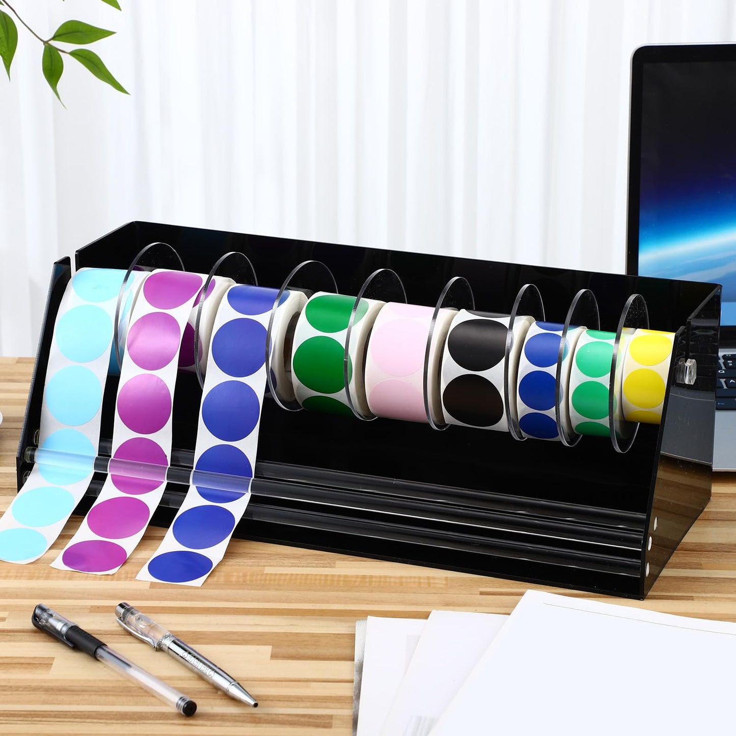 Feifeiya Adjustable Label Dispenser Acrylic Sticker Roll Dispenser Label Roll Holder Multi Use Sticker Holder Organizer Stand for Home Office Restaurant Kitchens Bakeries and Cafes(9 Disks)