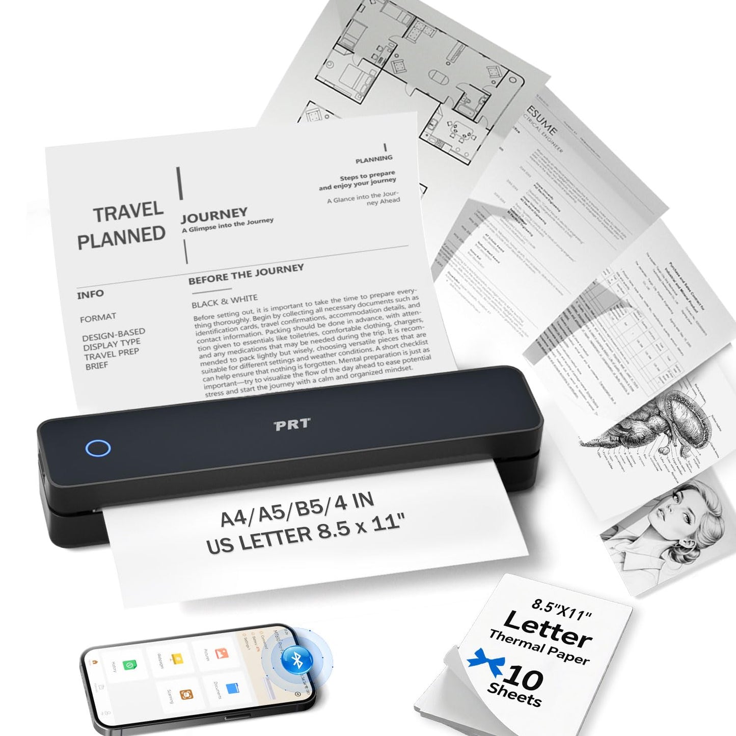 PRT Inkless Portable Printer for Travel, Wireless Thermal Printer Support 8.5 x 11 US Letter A4 B5, Bluetooth Mobile Printers for Laptop, iPhone, Android for Home, Car, Office, School, MT610 Black