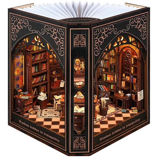Classical Library Miniature House Kit - DIY Miniature Kit for Adults, Teens, Dollhouse Booknook Bookshelf Insert Decor with LED Light, 3D Wooden Puzzle Gifts for Family, Friends