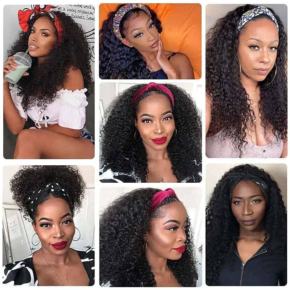 Nadula Hair Afro Kinky Curly Half Wigs Human Hair for African American Women, 100% Virgin Human Hair Headband Curly 3/4 Half Wigs Glueless Wear and Go Beginner and Friendly 180% Density 16 Inch
