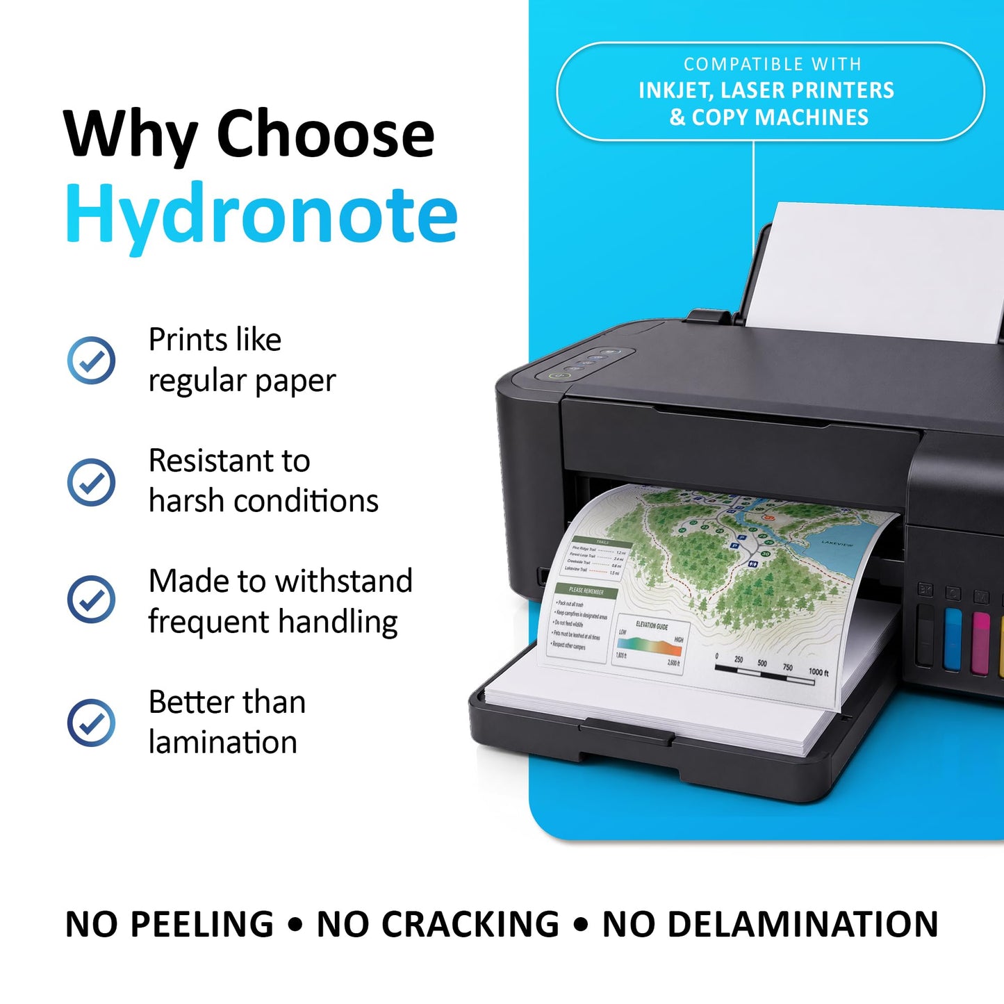 TerraSlate Waterproof Paper - Hydronote 54lb Multipurpose Copy Paper 8.5” x 11”, 100 Sheets, Inkjet Printer and Laser Printer Paper Compatible - Weather/Rain Proof, Durable, White Paper