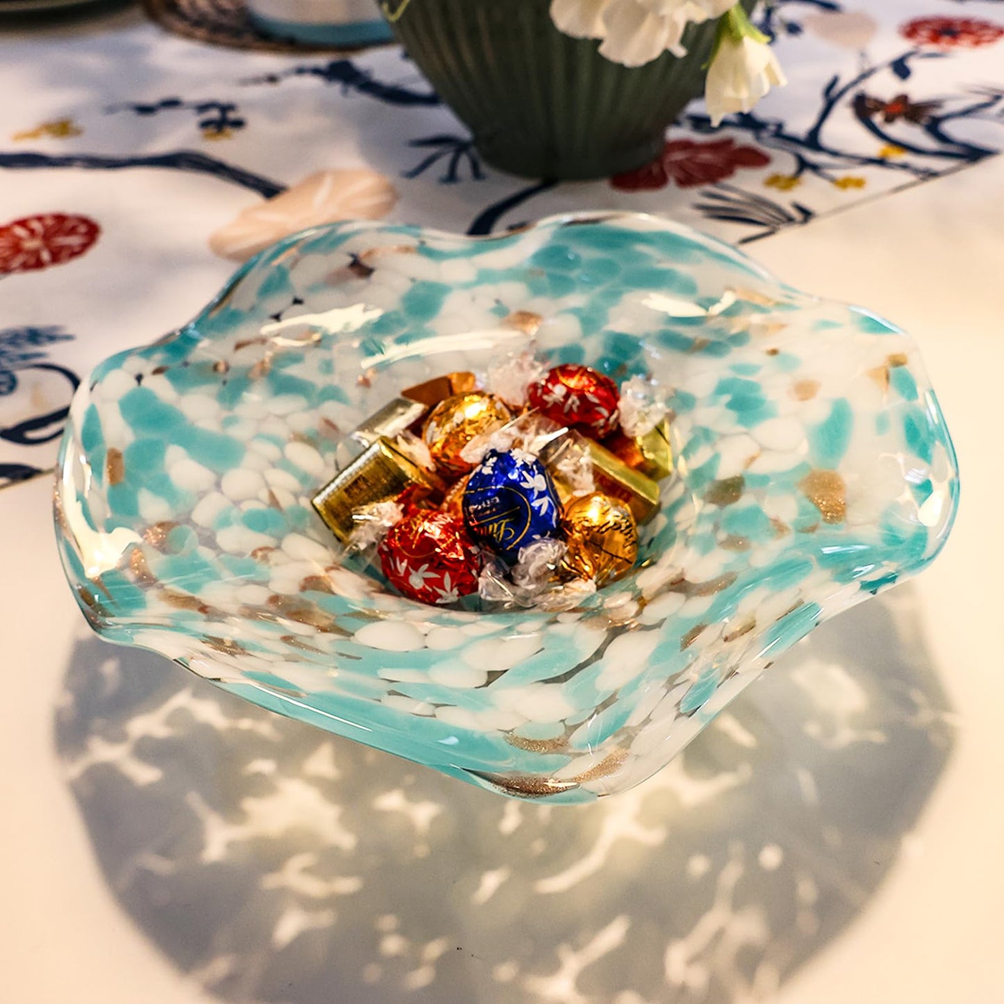 ORRFIDDY Hand Blown Murano-style Art Glass Bowl, 10.2-Inch Large Decorative Centerpiece for Table, Cobalt Blue Fruit Display & Kitchen Counter Decor