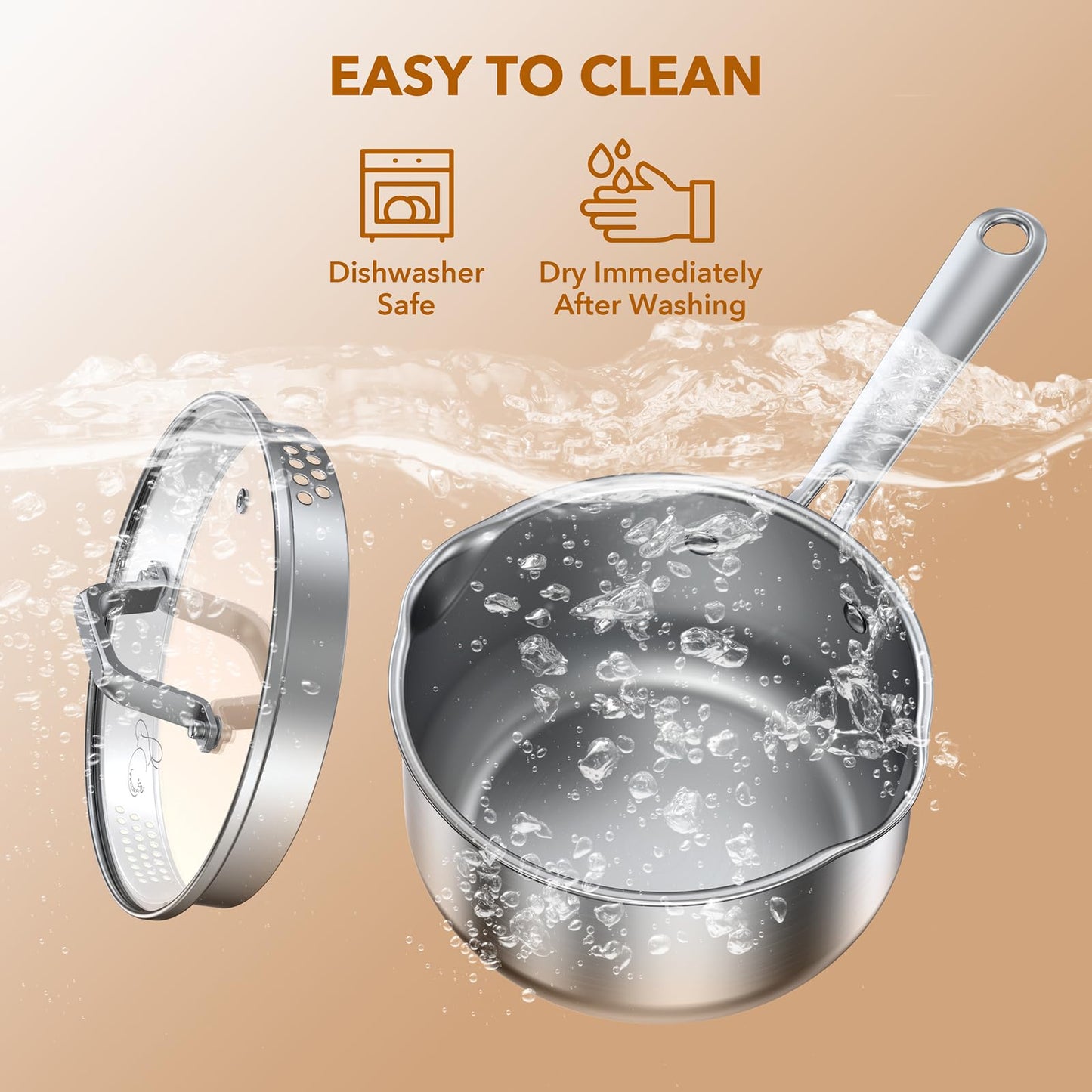 PekGema Stainless Steel Saucepan 2.5 Quart with Glass Strainer Lid, Tri-Ply Construction, Dual Pour Spouts, Measurement Marks, Stay-Cool Handle, Dishwasher & Oven Safe, All Cooktops Compatible