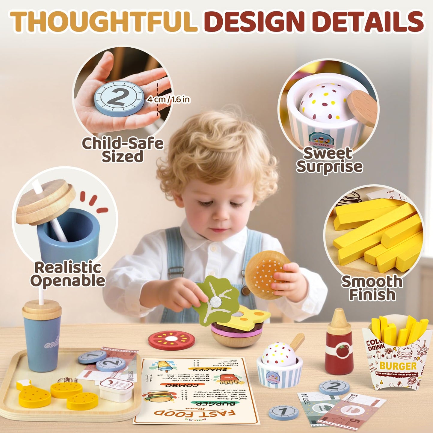 Airlab Wooden Play Food for Toddlers Pretend Play Sets 3-5 Year Old Food Toy Kitchen Accessories Birthday Gift for 3 Year Old Girl Boy 2-4 Age 4 5 6 Wood Educational Toys