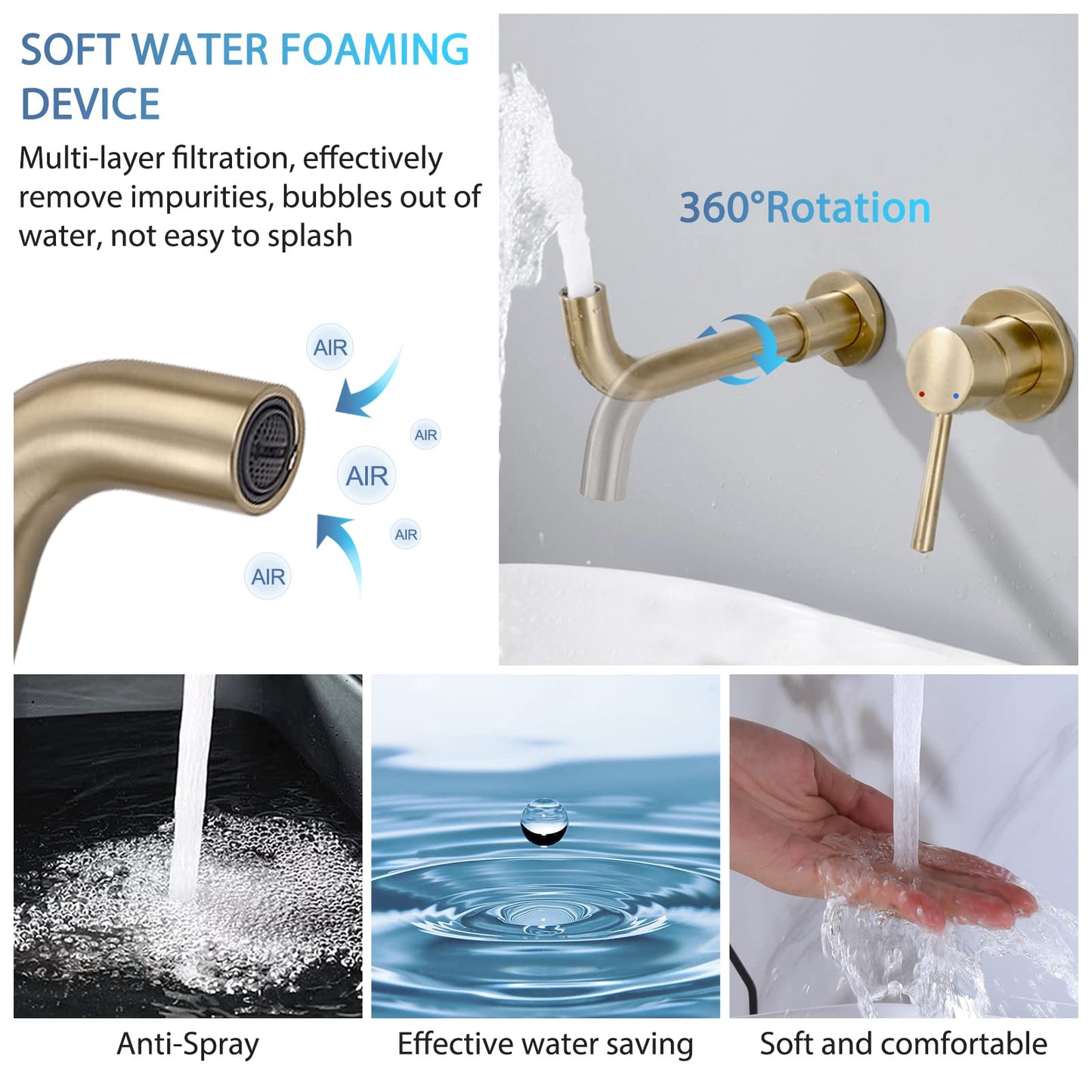 HMEGAO Wall Mount Bathroom Faucet Brushed Gold Bathroom Faucet Bathroom Sink Faucet with Single Handle and Rough in Valve Included