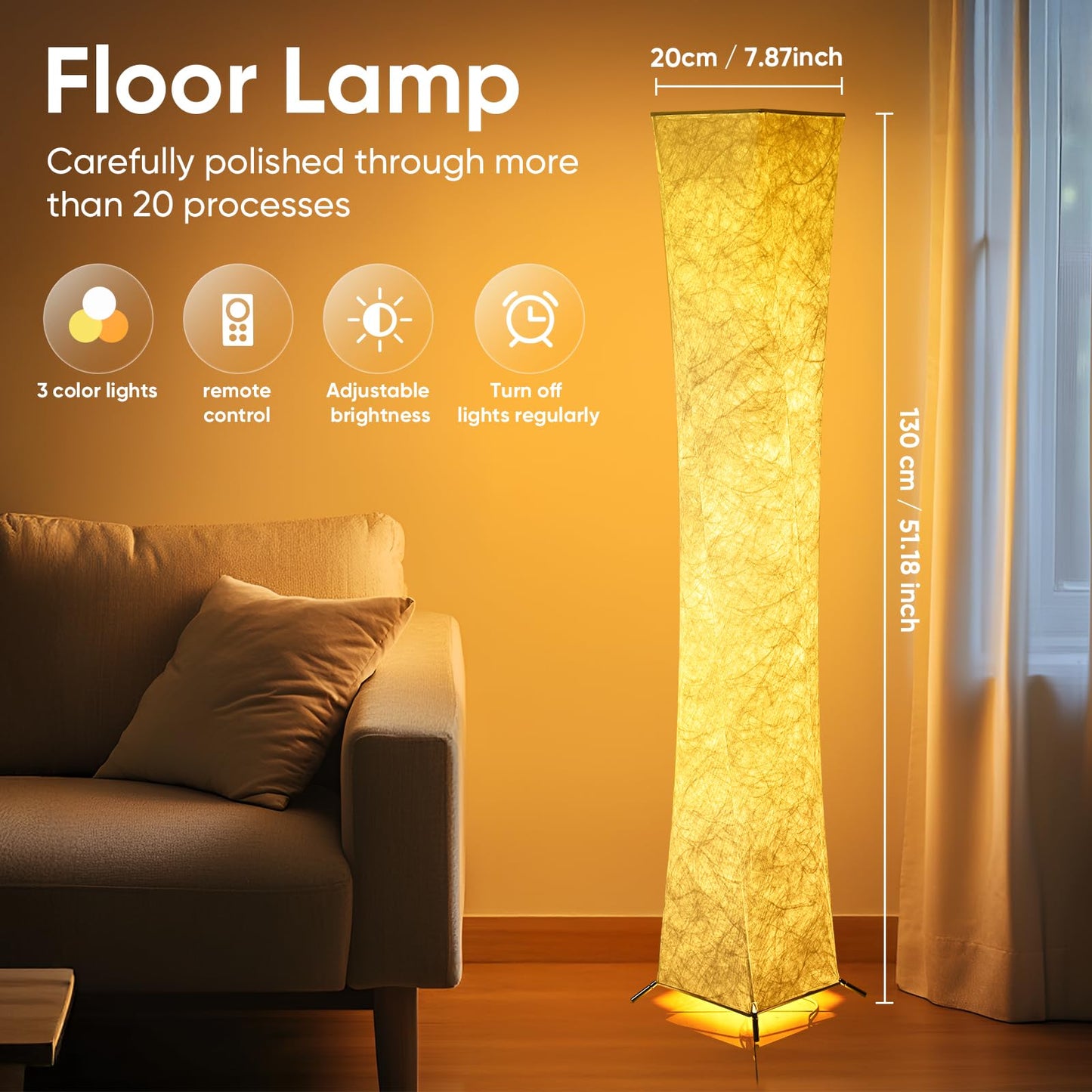 YIEONSHION Modern Floor Lamp with Soft Light, 52 Inch, Remote Control for 3 Colors & Brightness, Energy Efficient LED Tyvek Fabric Shade for Bedroom, Living Room