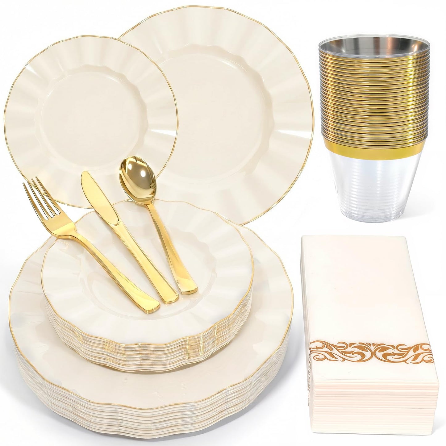 175 Piece Plastic Dinnerware Set Disposable Dinnerware Set for 25 Guests Include 50 Plastic Plates 25 Silverware Set 25 Cups and 25 Napkins for Father's Day Party Wedding Birthday（White and Gold）