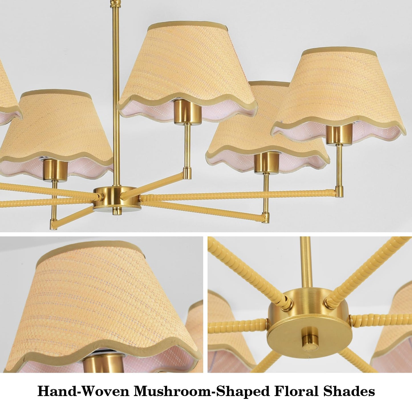 KUSSCO 6-Light Boho Rattan Chandelier 39″ Rattan Pendant Light with Hand-Woven Shade Adjustable Height Vintage Dining Room Chandelier for Kitchen Island Living Room Bedroom Foyer E26 Base