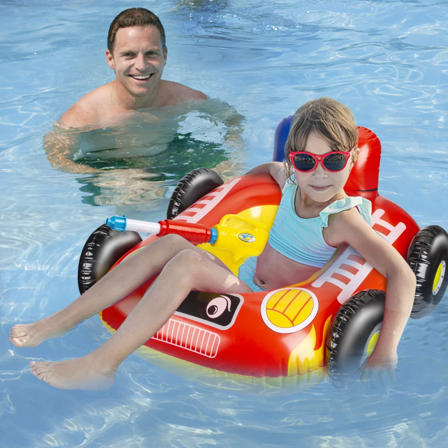 2 Pack Inflatable Kids Pool Floats with Water Gun, Pool Toys for Kids Ages 4-8, Blow Up Pool Floats Kids, Toddlers Swimming Pool Game Toys, Firetruck and Pirate Ship Floaties for Boys Girls and Child