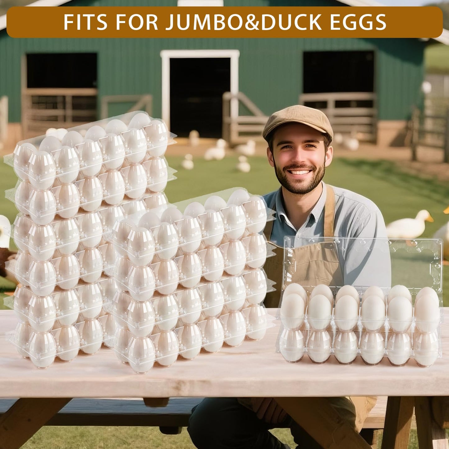 YIFIHGE 60 Pack Duck Egg Cartons Jumbo Egg Cartons Cheap Bulk with Sticker Labels Clear Empty Plastic Egg Containers Extra Large for Home Ranch Farm Commercial Market Display, 2×6 Grids