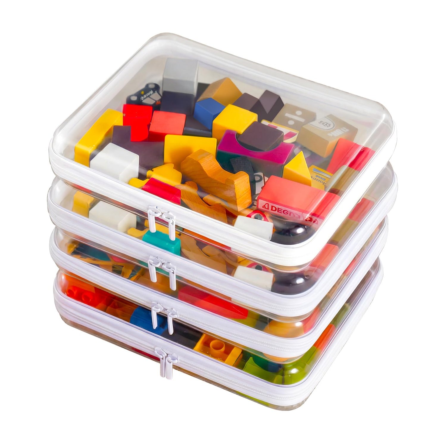 4PCS Large Clear Hard Shell Zipper Case, Makeup Organizer & Toy Storage Bag for Lego Bricks, Diaper Pouches, Cosmetic Bags, Transparent Pencil box, Puzzle Board Game, Portable Travel Toiletries