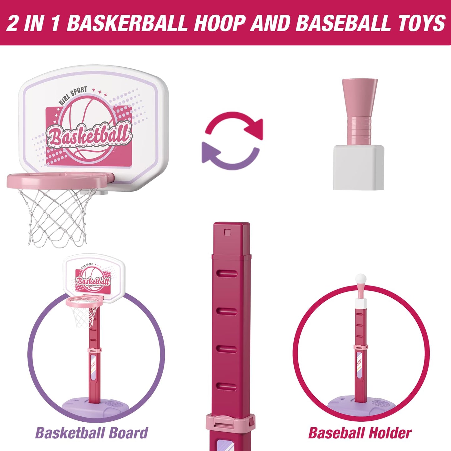 HYES 2 in 1 Kids Basketball Hoop and T Ball Set，White