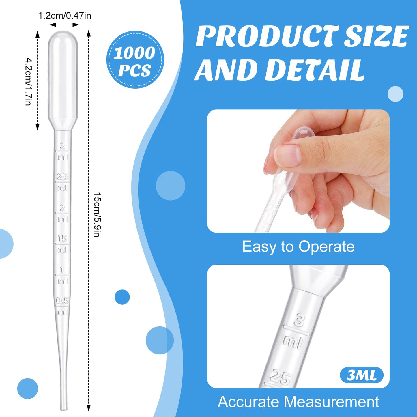 Kingdder 1000 Pcs Plastic Transfer Pipettes Disposable Graduated Pipettes for Scientific Experiment, Essential Oils, Make up Tool (3 ml)