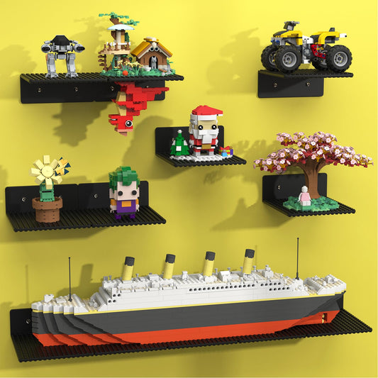 BlissBox 12-Pack Floating Shelves for Wall Compatible with Lego Building Bricks, 5x5.5inch Dual‑Sided 16x17 Studs for Toy Brick Storage and Display, ABS Display Shelves for Room Decor, Black