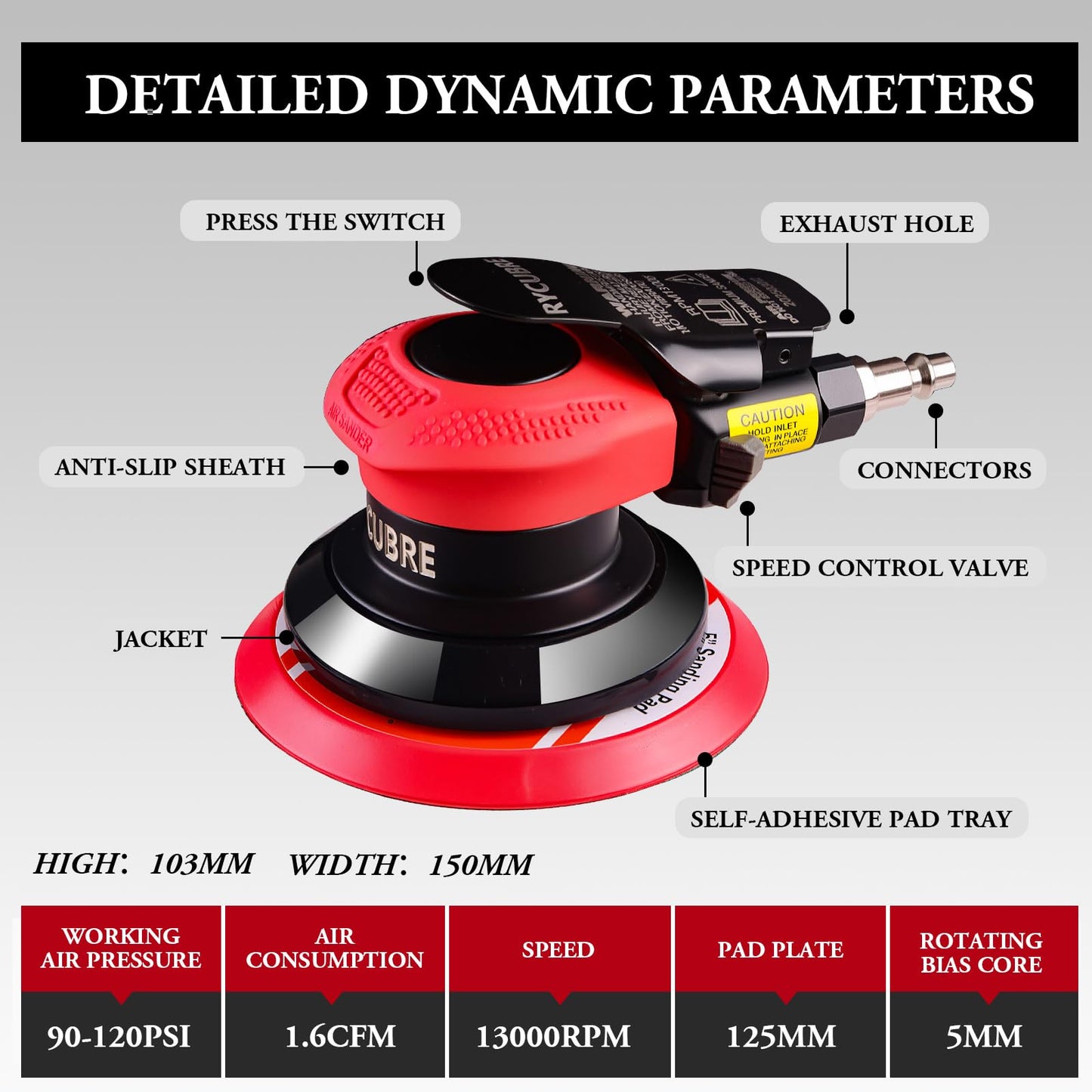 Pneumatic Air Sander – 5-Inch DA Palm Sander, High-Speed Random Orbital Sander for Woodworking & Auto Polishing (including 12 sandpaper + 4 polishing pads + accessories)