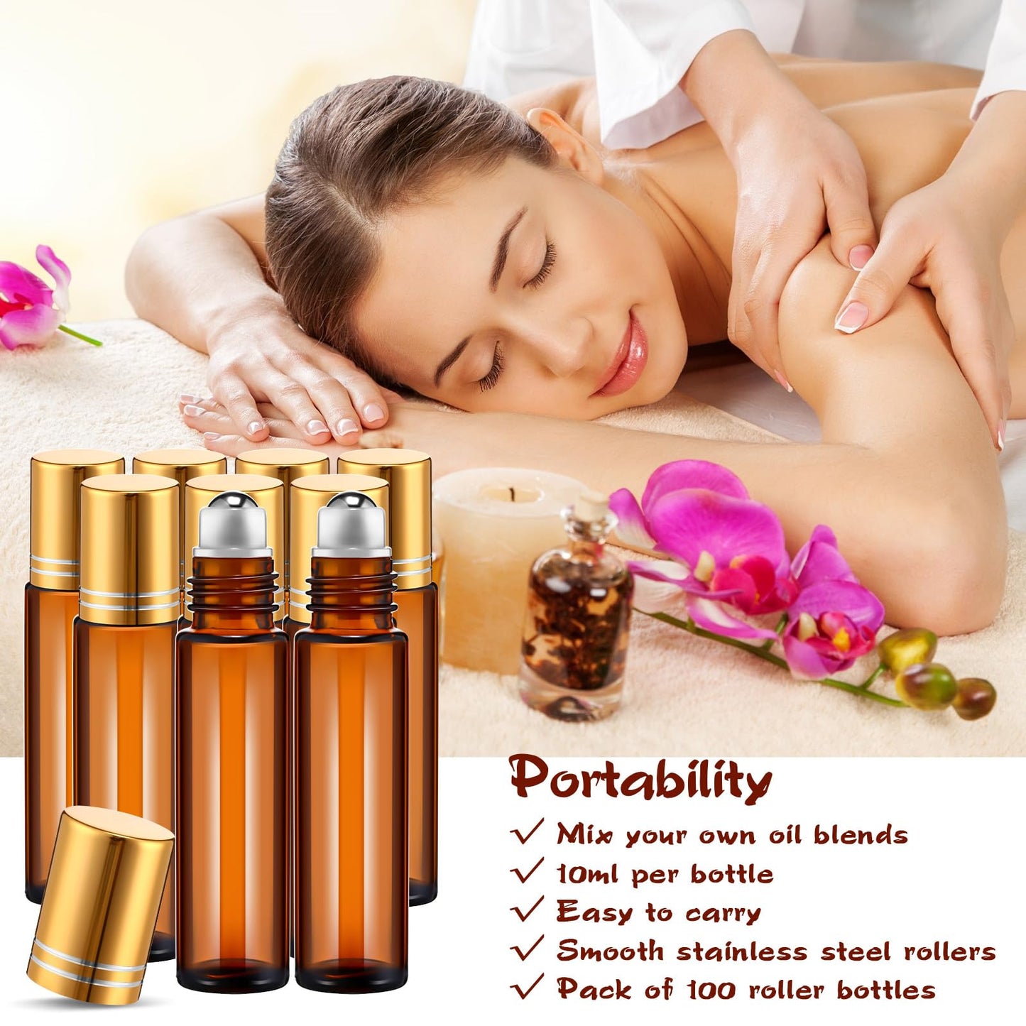 Tanlade 100 Pcs Essential Oil Roller Bottles 10 ml Amber Roll on Glass Roller Bottles Refillable Leakproof Empty Rollerball Bottles with Funnels and Stainless Steel Roller Balls for Travel Lip Gloss