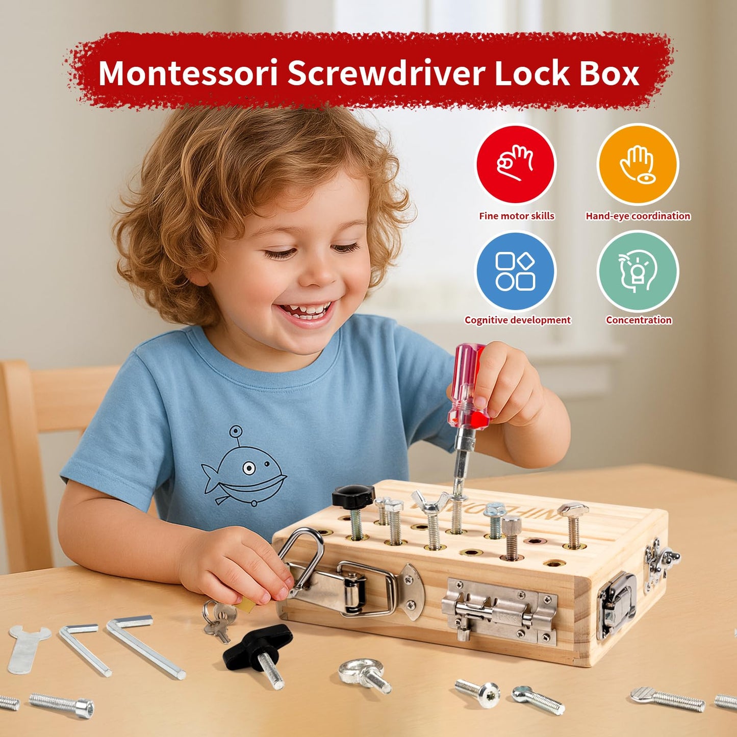 INIFEIDALA Montessori Busy Board Toddler Toys for Ages 3+ - Wooden Sensory Latches Board with Lock & Key & Kid Tool Screwdriver Set, Preschool Educational Toy - Fine Motor Skills - STEM Learning Toys