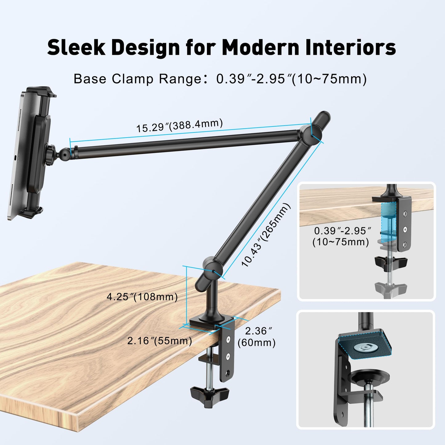 AboveTEK Tablet Stand Holder for Desk & Bed, Aluminum iPad Holder Arm with 360° Rotating Clamp, Adjustable Phone Stand Compatible with 4.7"-13.5" iPad Pro/Air/Mini, iPhone, Galaxy Tab- Black