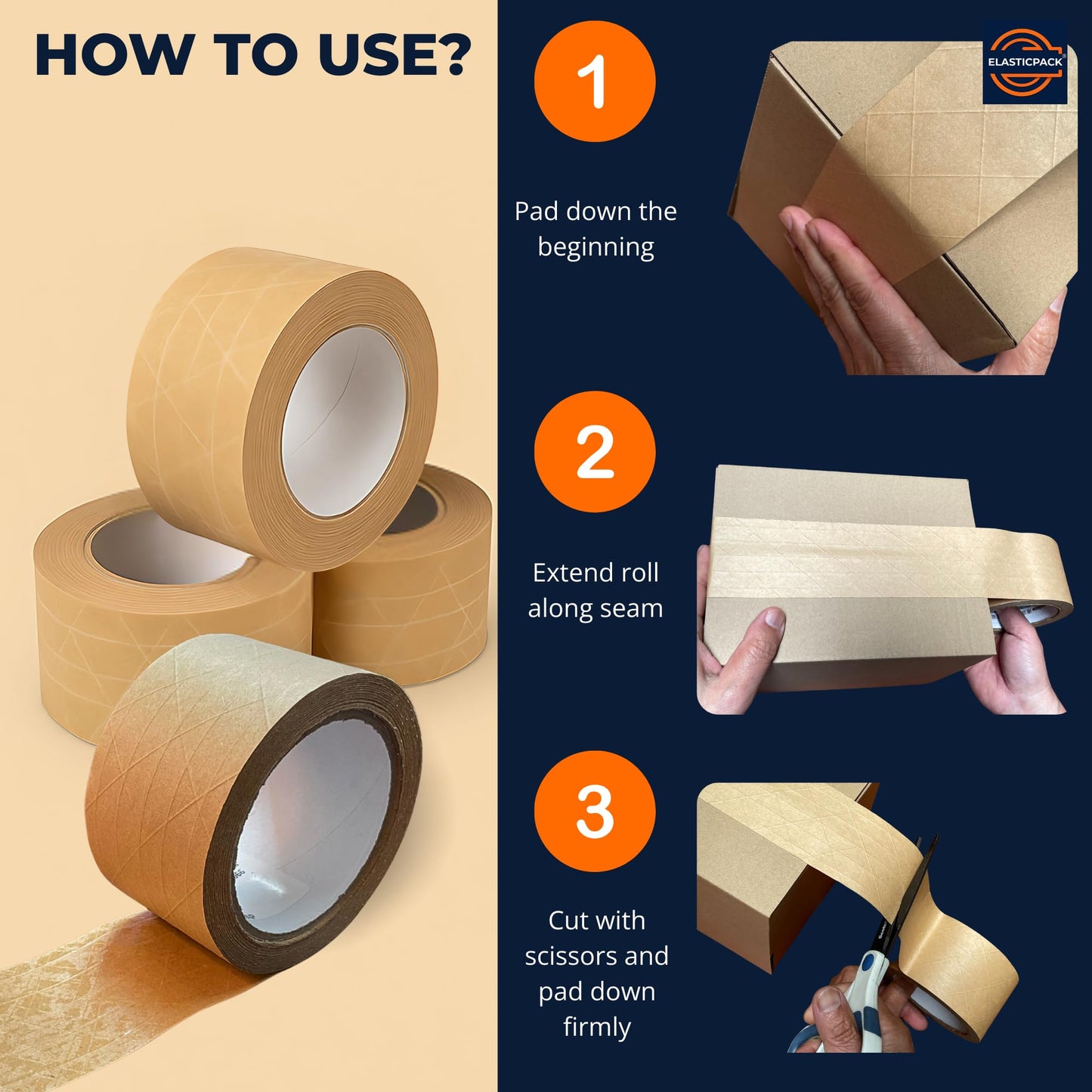 Elasticpack Heavy-Duty Packing Tape 4-Pack – Reinforced Brown Kraft Paper Tape with Fiberglass Filament, Self-Sticking, No Water Needed, Strong Hold for Heavy Box Shipping, 1.88" x 55 yd