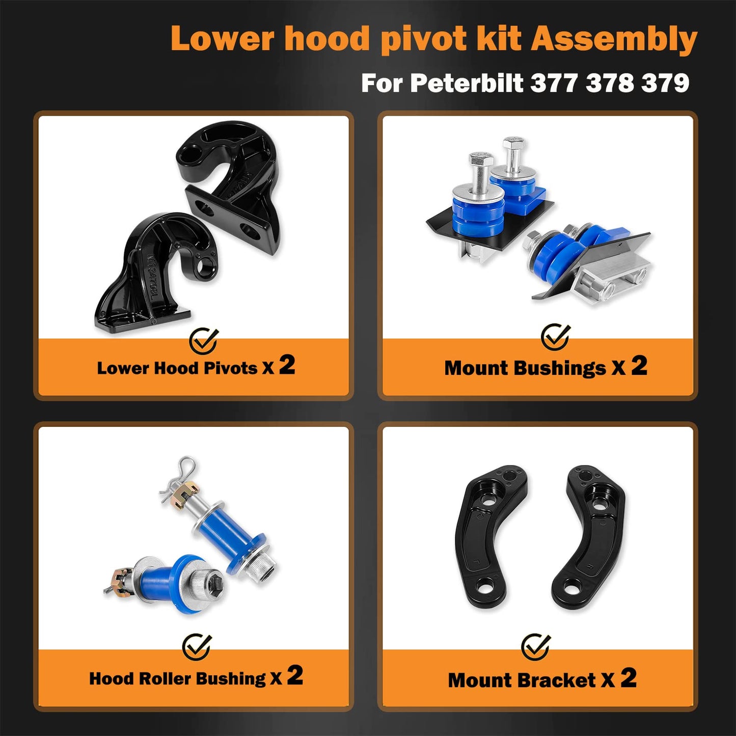 for Peterbilt Lower Hood Pivot Kit & Hinge Bolt & Bushing Bracket Kit for 377 378 379 - Replac:13-04708R 13-04708L 13-04154 13-04164