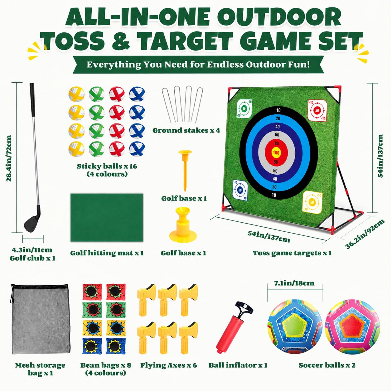 Yoyoom Golf Chipping Game with Stand, 4 in 1 Battle Golf Game with Putting Mat, 16 Sticky Balls, 8 Bean Bags, 6 Axes, 2 Soccer Balls, Indoor Outdoor Chip Sticky Practice Set for Teen & Adult
