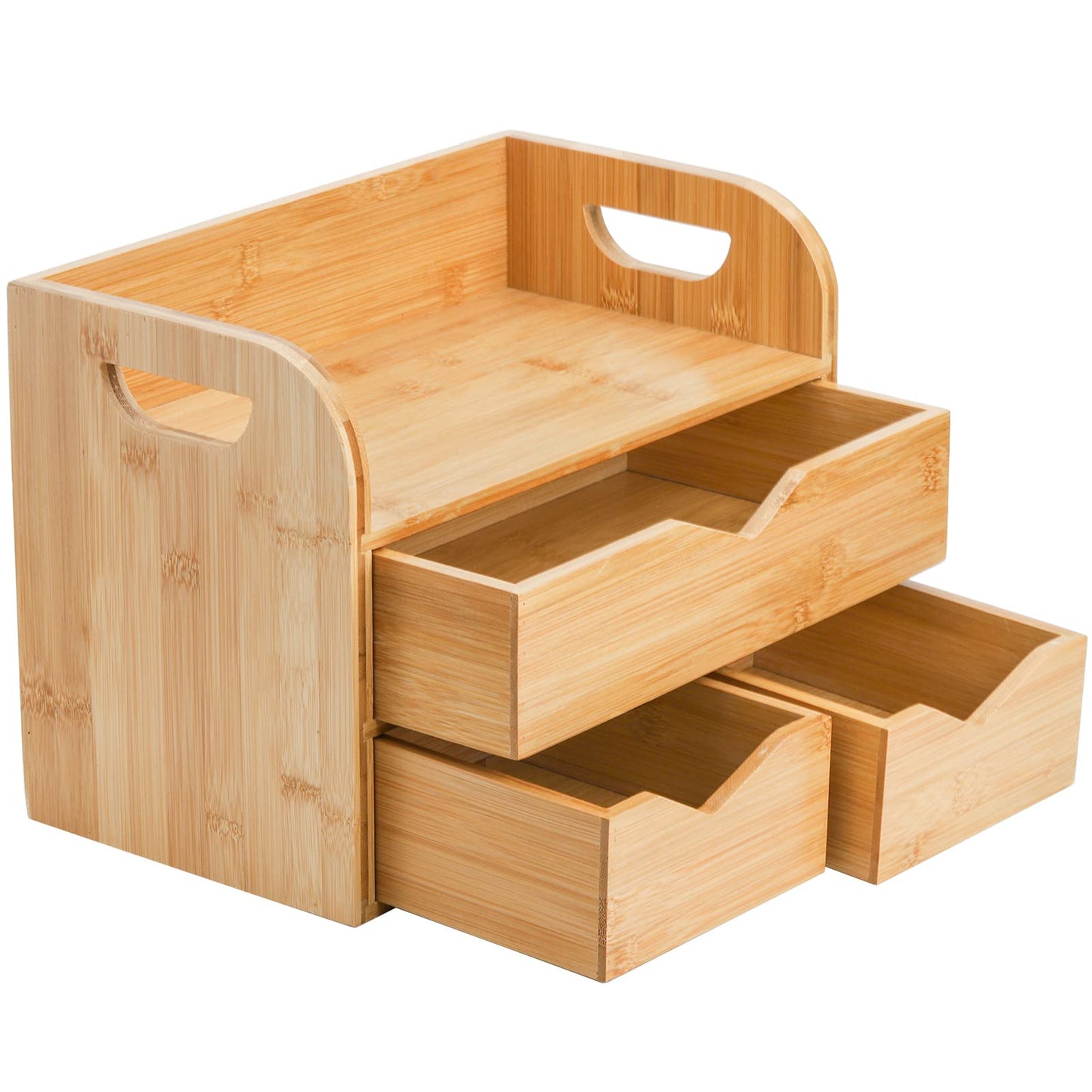 Hacaroa 3 Tier Bamboo Desktop Organizer with 3 Drawers, Tabletop Craft Box Cosmetic Storage Drawer with Handle, Portable Desk Letter Mail Sorter for Office Supply, Toiletries