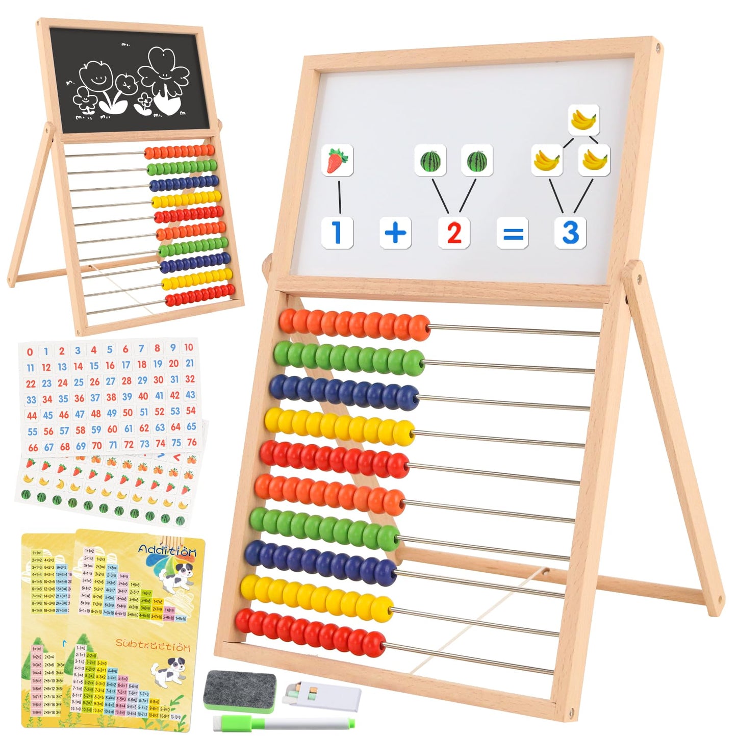 Wooden Abacus for Kids Math - Double-Sided Blackboard Whiteboard Magnetic Abacus for Toddlers with 100 Magnetic Number & Fruit Stickers - Educational Counting Games Kids Gift