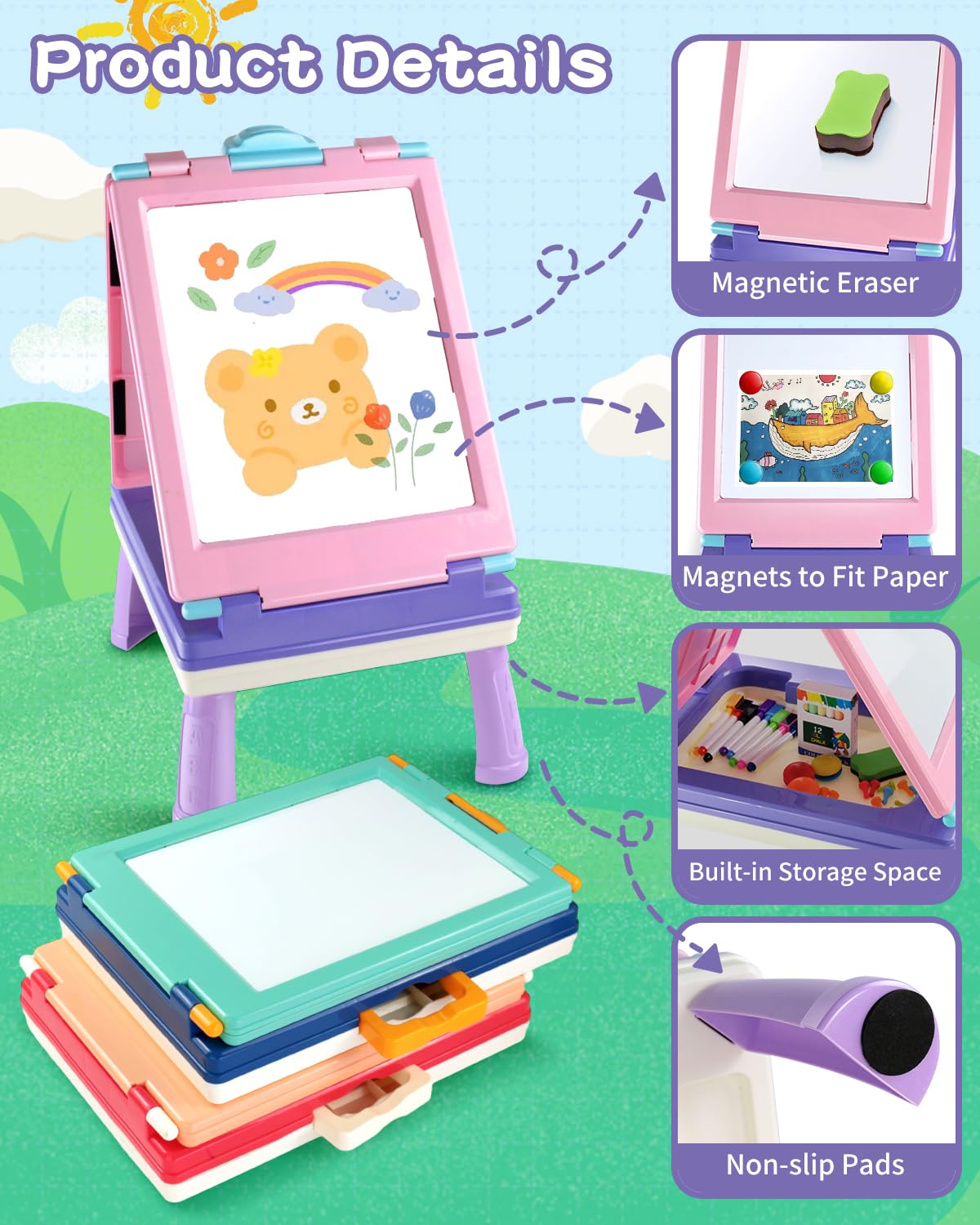 Elovien Easel Kids, 4 in 1 Double Sided Toddler Art Easel with Chalkboard & Magnetic Whiteboard, Foldable Kids Tabletop Easel with Drawing & Writing Supplies - Educational Toy Gift for Girls (Purple)