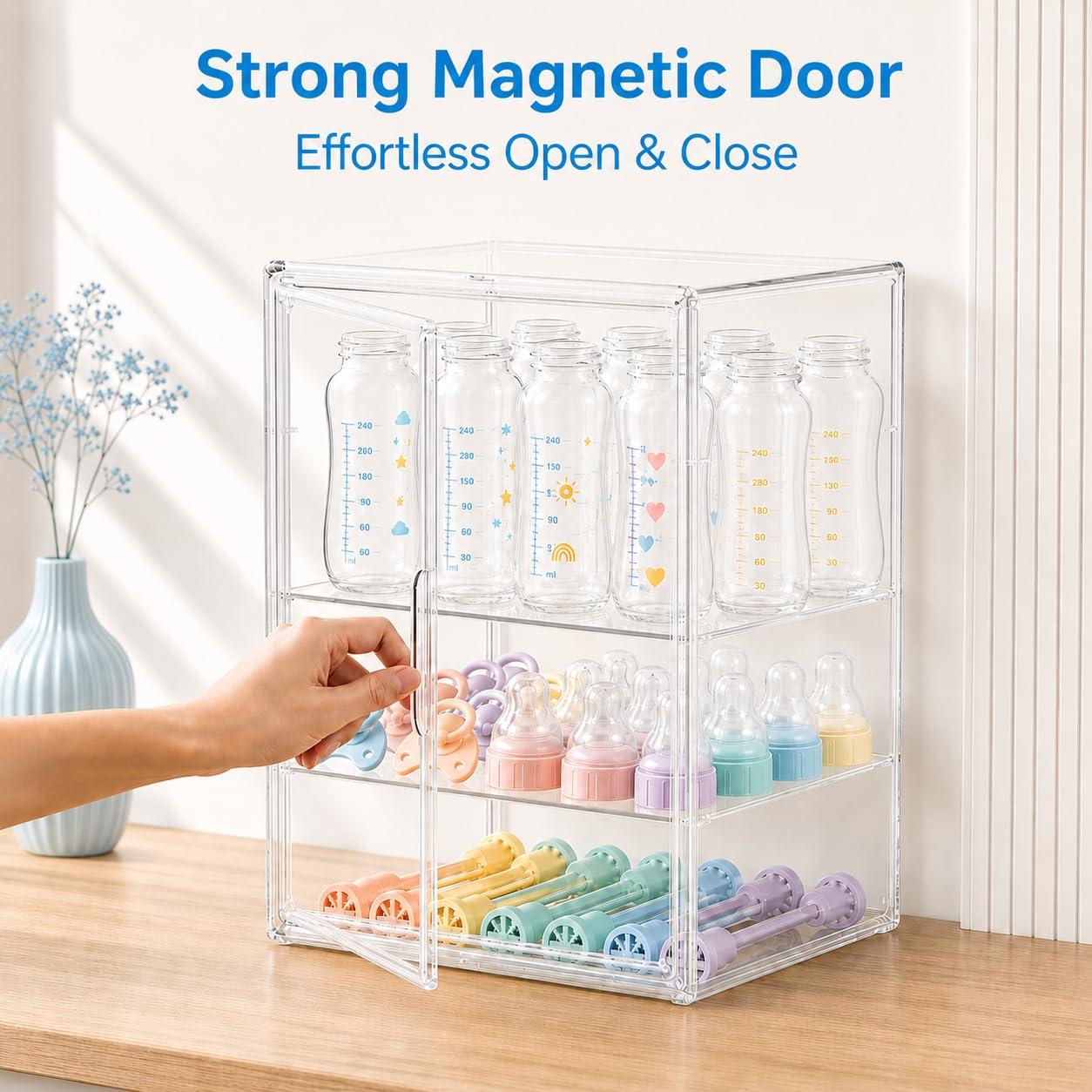 Heliospark Baby Bottle Storage Organizer for Countertop, X-Large Clear Bottle Organizer, Baby Bottle Storage Organizer for Bottles, Nipples, Pump Parts & Food Jars, Nursery Cabinet, Kitchen Pantry