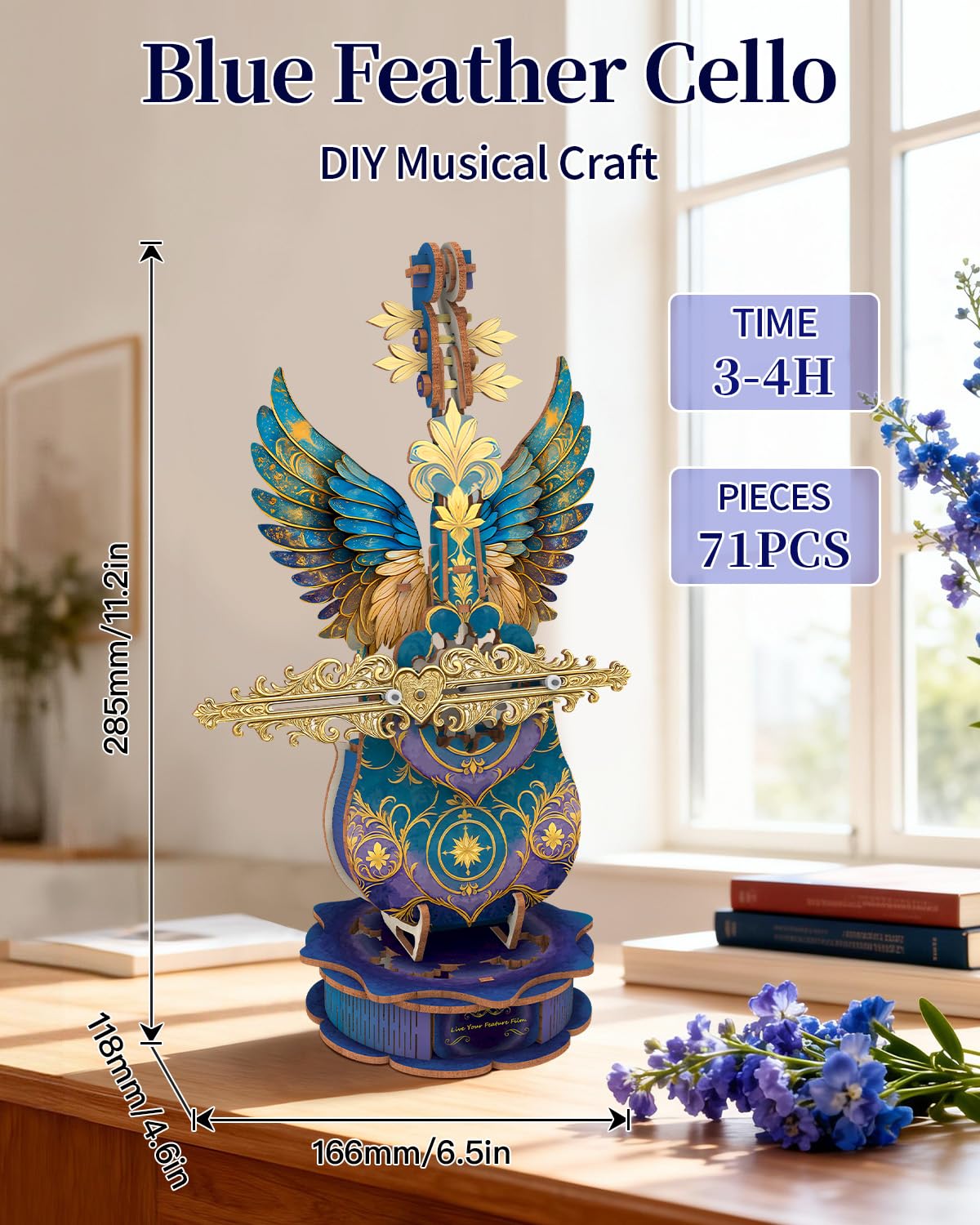 Rnfinewow 3D Puzzles for Adults, Mechanical Wooden Cello Music Box Puzzles, DIY Blue Feather Cello Music Box Crafts Model Kits for Home Decor Holiday Birthday Gifts