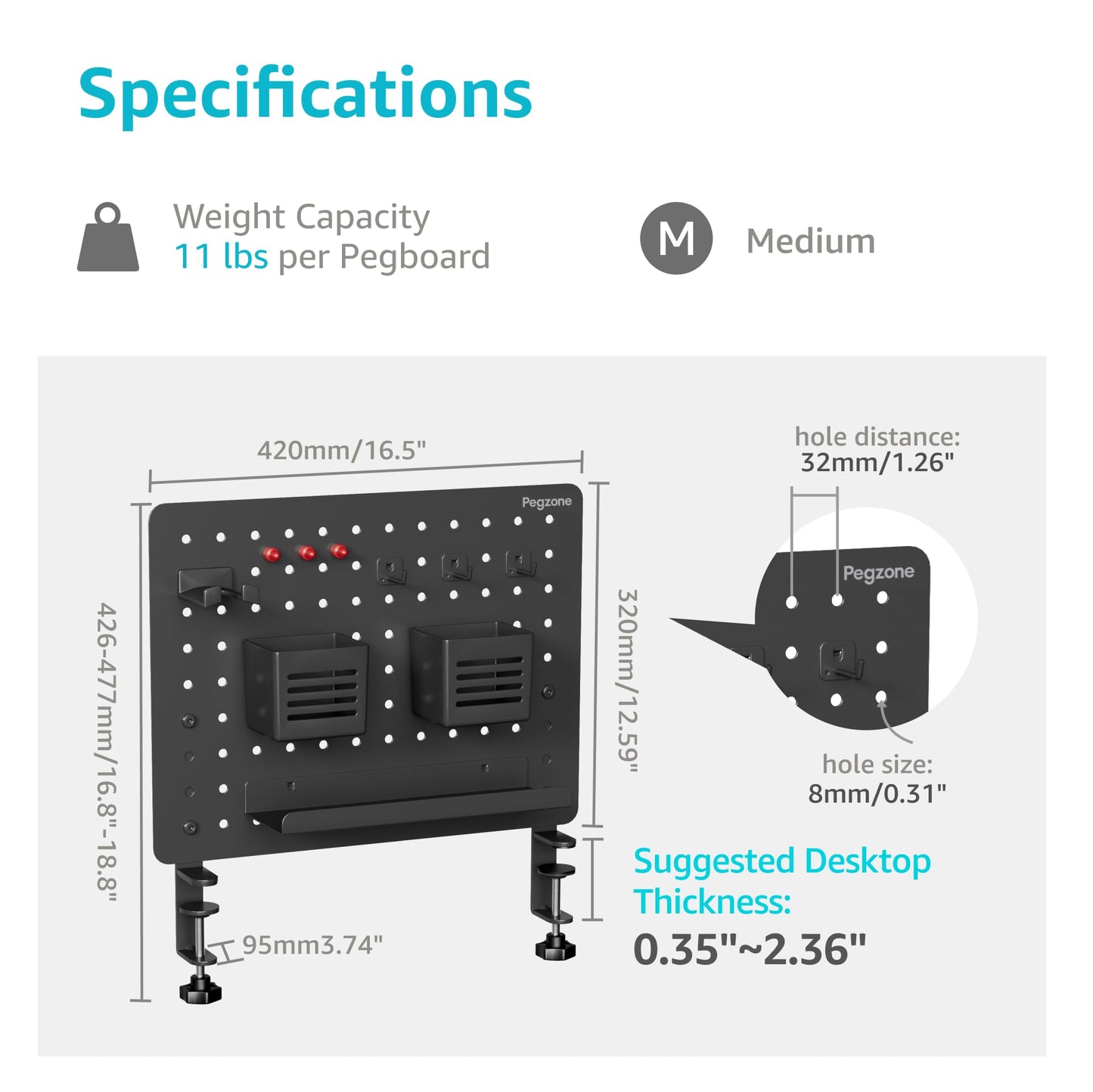 PEGZONE Clamp-on Desk Pegboard, Desk Organizer for Office Gaming Home, Magnetic Metal Peg Board with 10 Accessories, Privacy Panel for Office, 16.5" x 12.6", Medium, Black