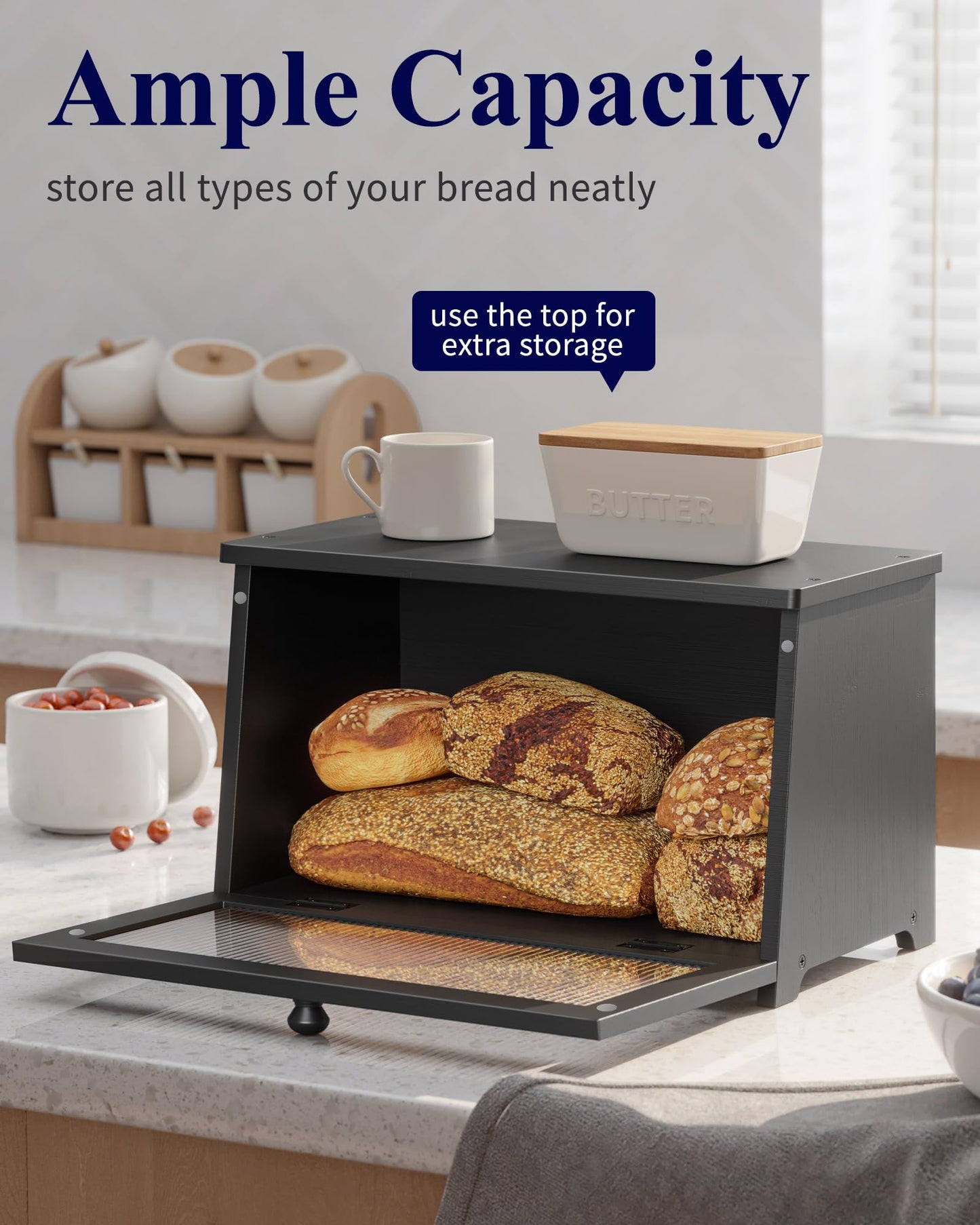 Kitsure Bread Box - Wooden Bread Box for Kitchen Countertop, Large Capacity Kitchen Countertop Organizer, Stylish Bread Storage with Window, Multi-functional Container, Black, 15.0"x8.3"x9.1" (1T)