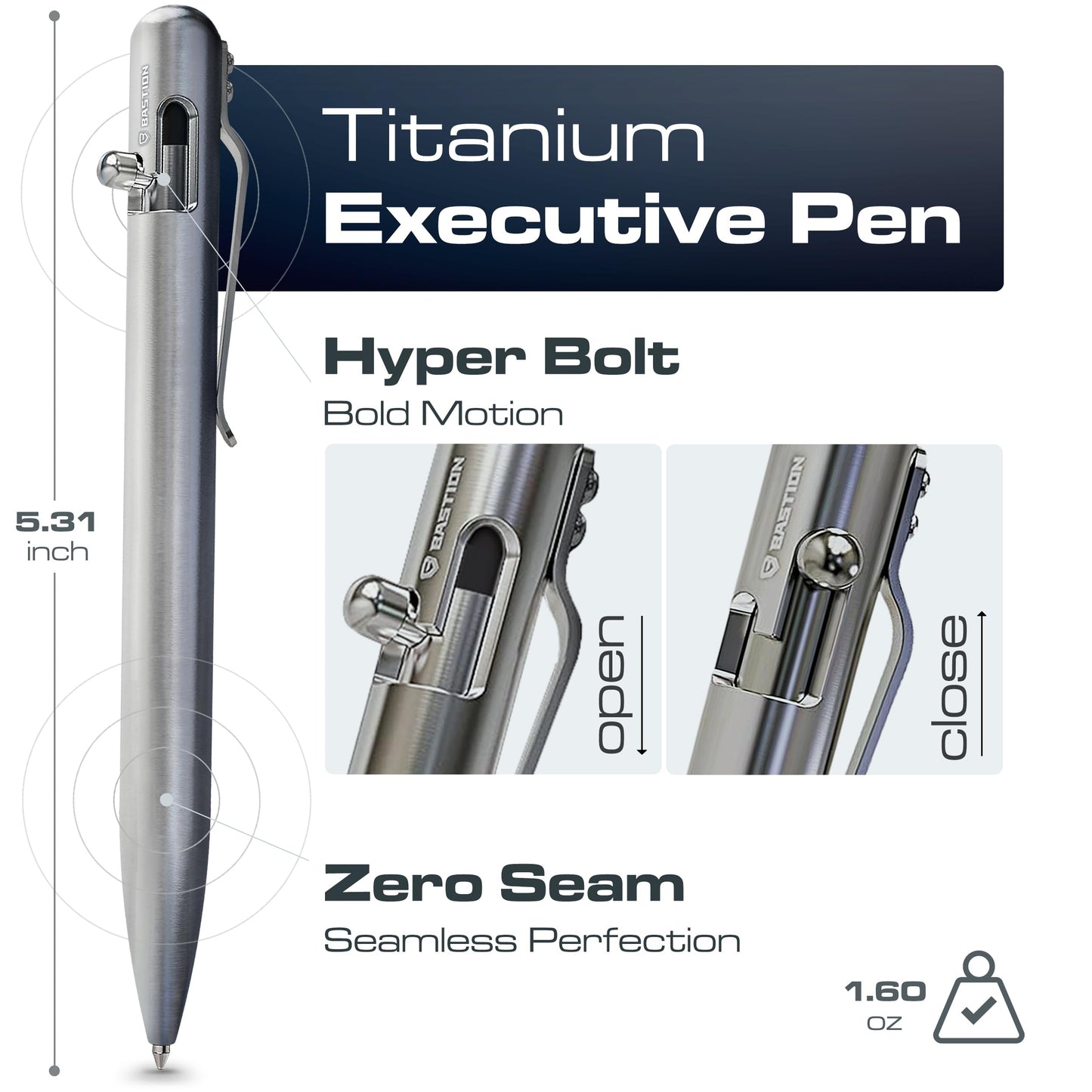 BASTION Bolt Action Pen, Titanium Silver, HyperBolt & ZeroSeam EDC Pen, Refillable Titanium Writing Pen, Premium Graduation Gift, Flagship Executive Pocket Pen