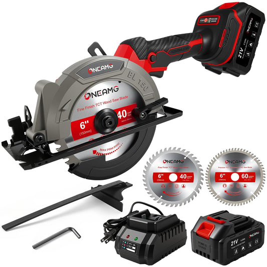 6" Cordless Mini Circular Saw, 21V Compact Wireless Circular Saw, 4.0Ah Battery, 5800RPM, Max Cut 2-1/6" (90°), 1-1/4" (45°),w/40T & 60T Blades,Fast Charger (1Hr),Applicable to Wood,Aluminum & Plastic