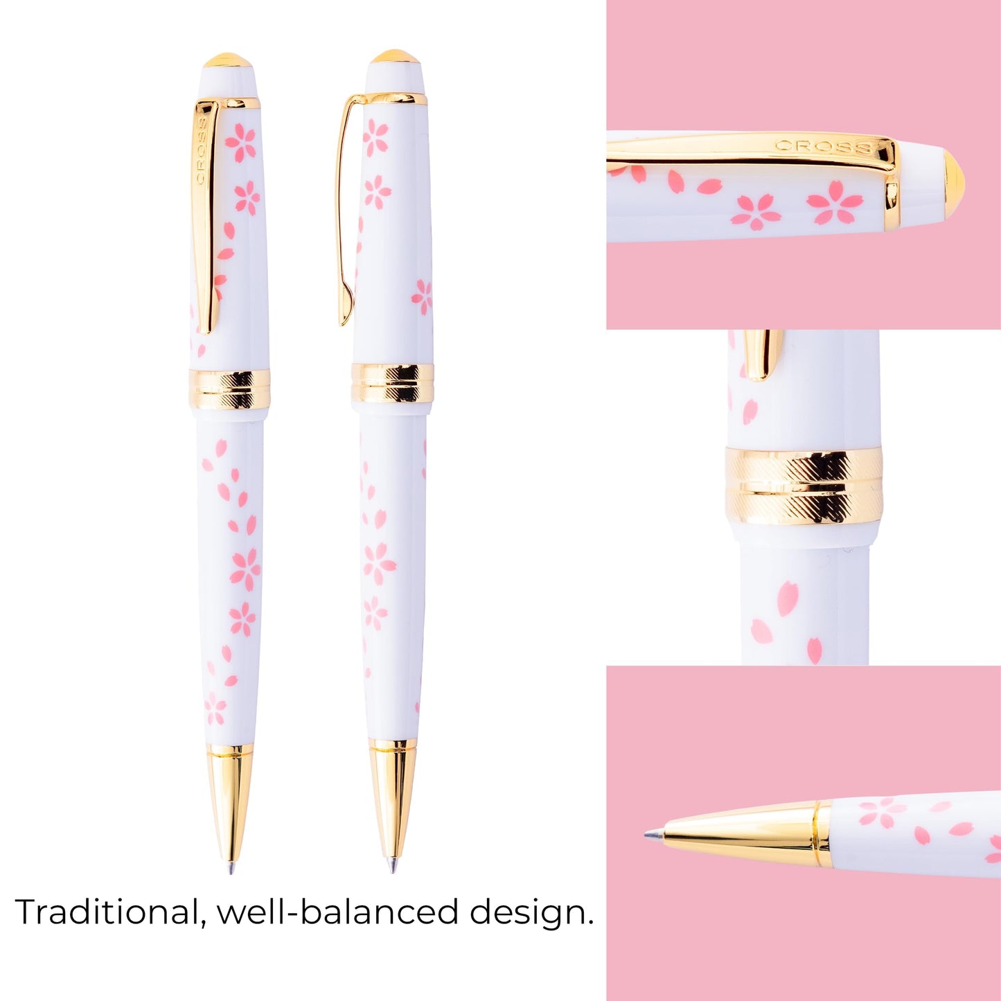 Cross Bailey Light Cherry Blossom Glossy White Resin Ballpoint Pen - Professional Pen for Effortless Writing - Journaling, Note-Taking & More - Black Ink - Easy Handling - Includes Gift Box