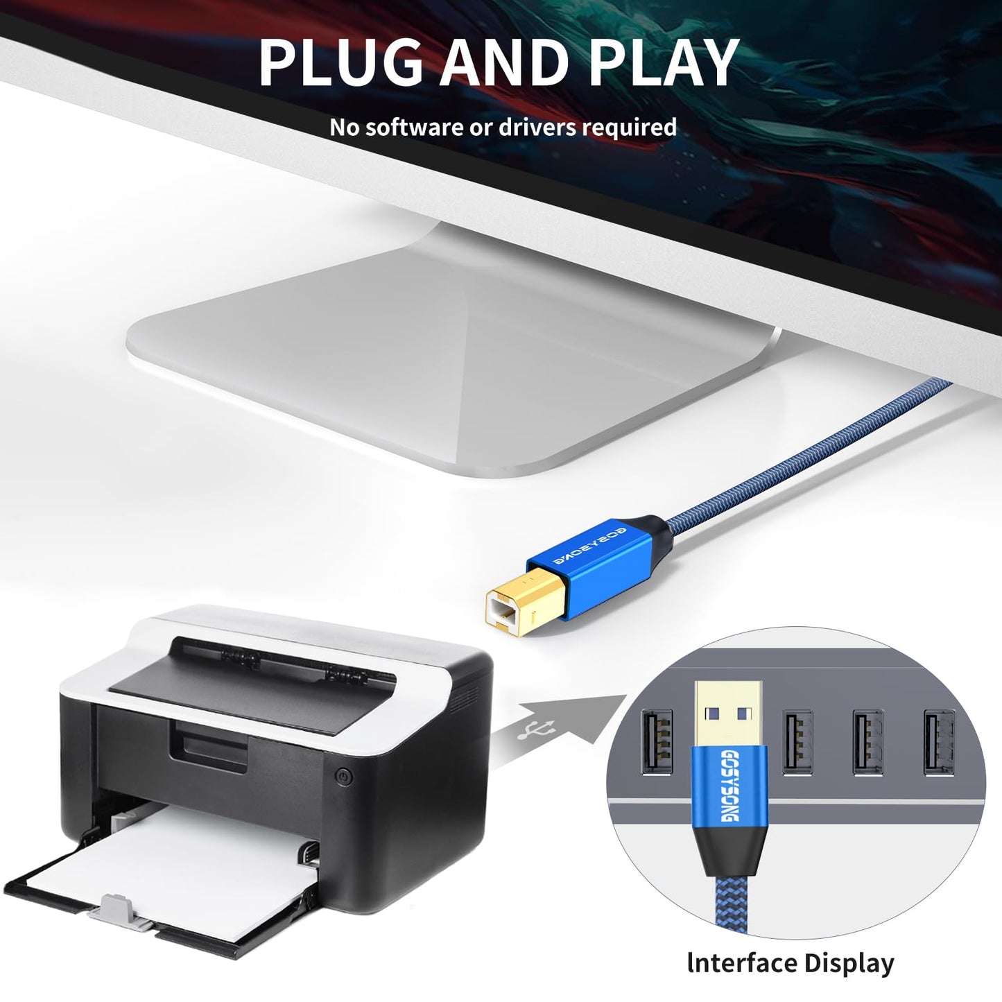GOSYSONG 100ft Active USB 2.0 Cable, Type A to Type B, High Speed Printer Cable Compatible with HP, Canon, Dell, Epson, Xerox and More