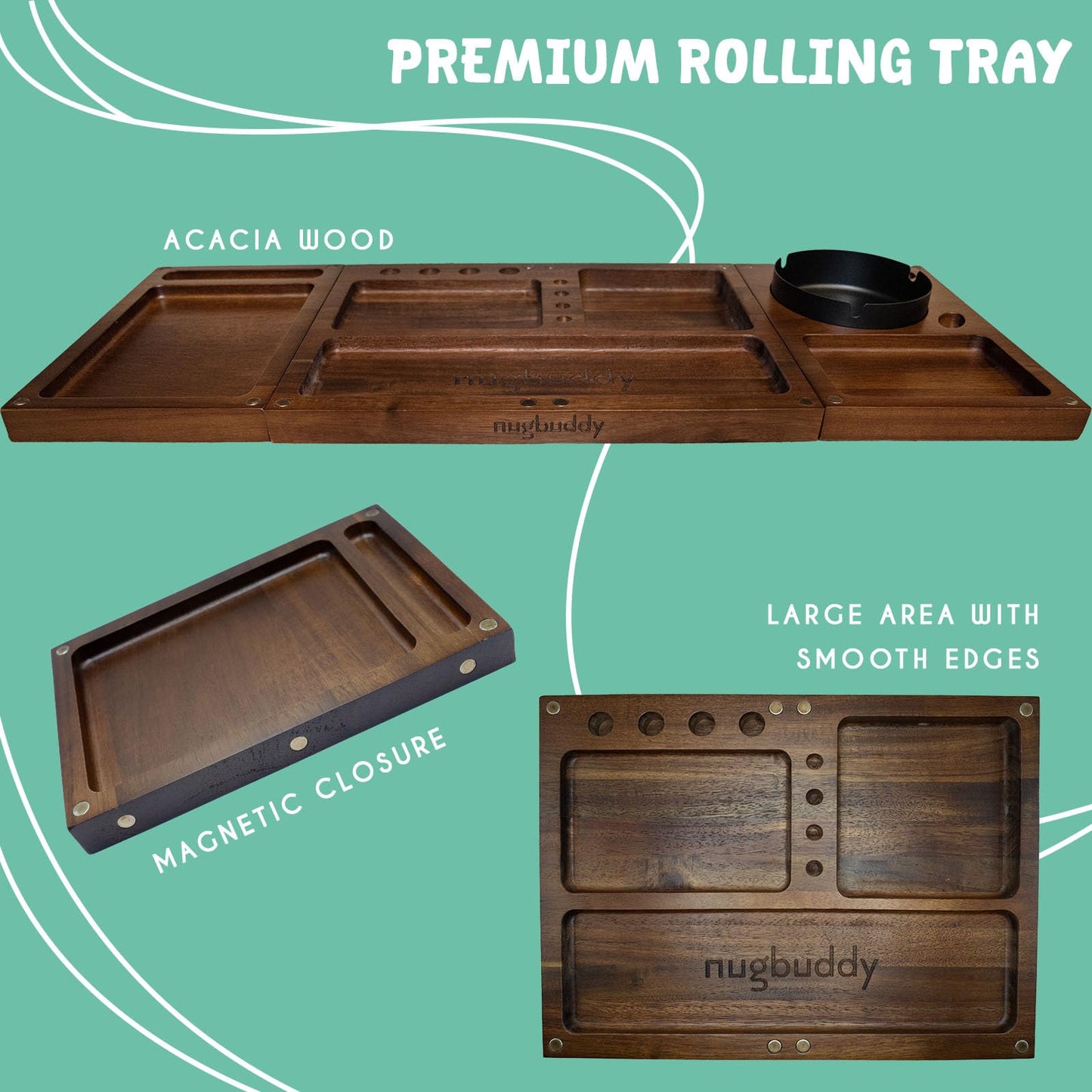 Nugbuddy Wooden Rolling Tray | 3 in 1 Folding Design Set w Magnetic Lid | Big & Small Trays + Removable Metal Tray | Portable Accessory Kit for Car Travel & Home | Premium Acacia Wood