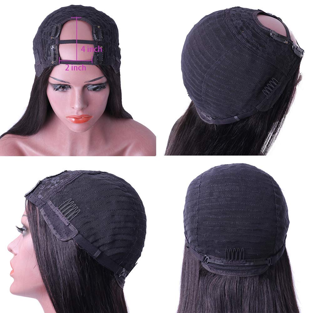 Nvnvdij U Part Wigs Straight Brazilian Virgin Human Hair 2''x 4'' U Shape Glueless Wigs 180% Density Natural Black With Straps Combs For Black Women (22 Inch, Straight)