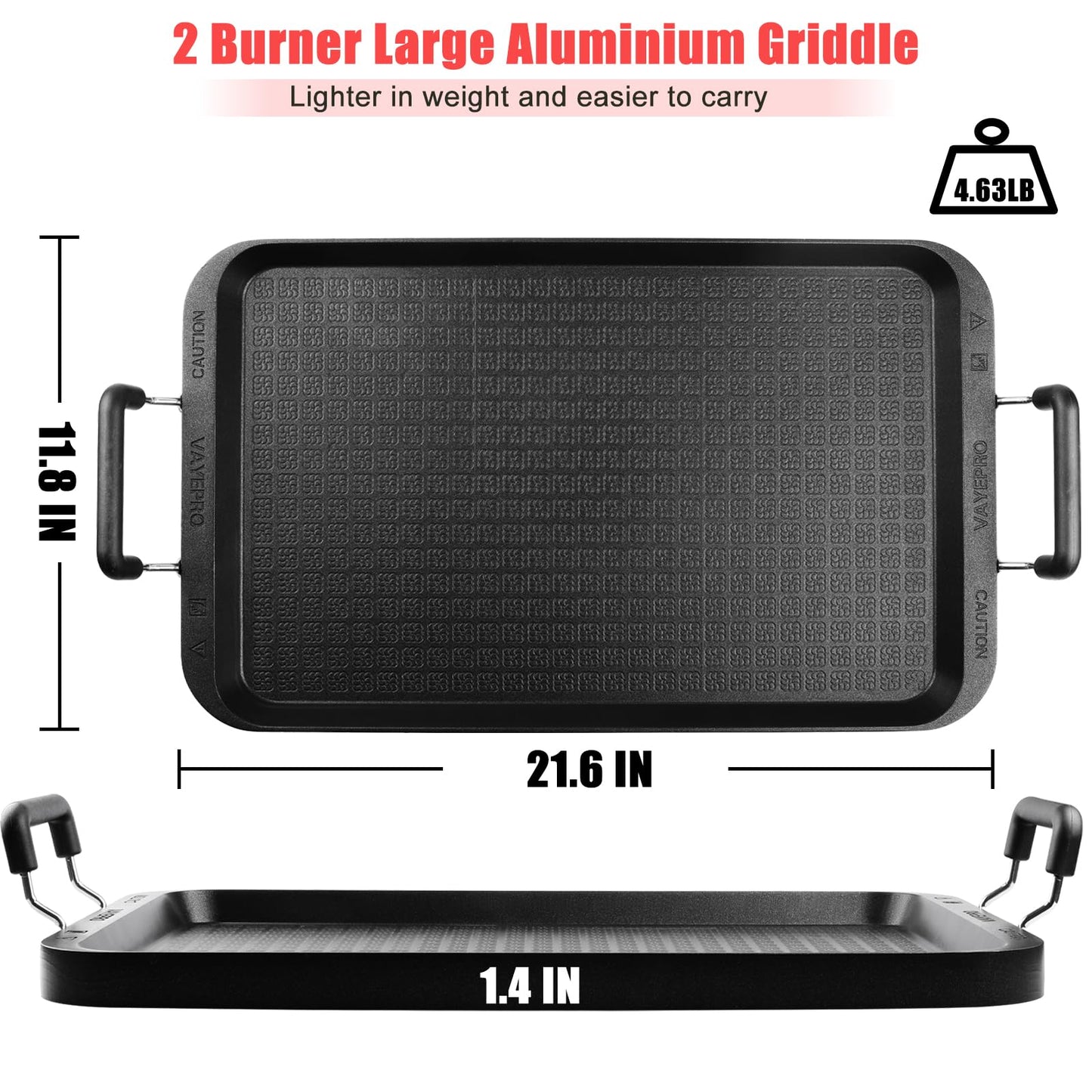 Vayepro Stove Top Griddle, 22 Inch 2 Burner Large Grill Pan for Stove Top, Non-Stick Aluminum with Handles, Indoor Outdoor Cooking/Camping
