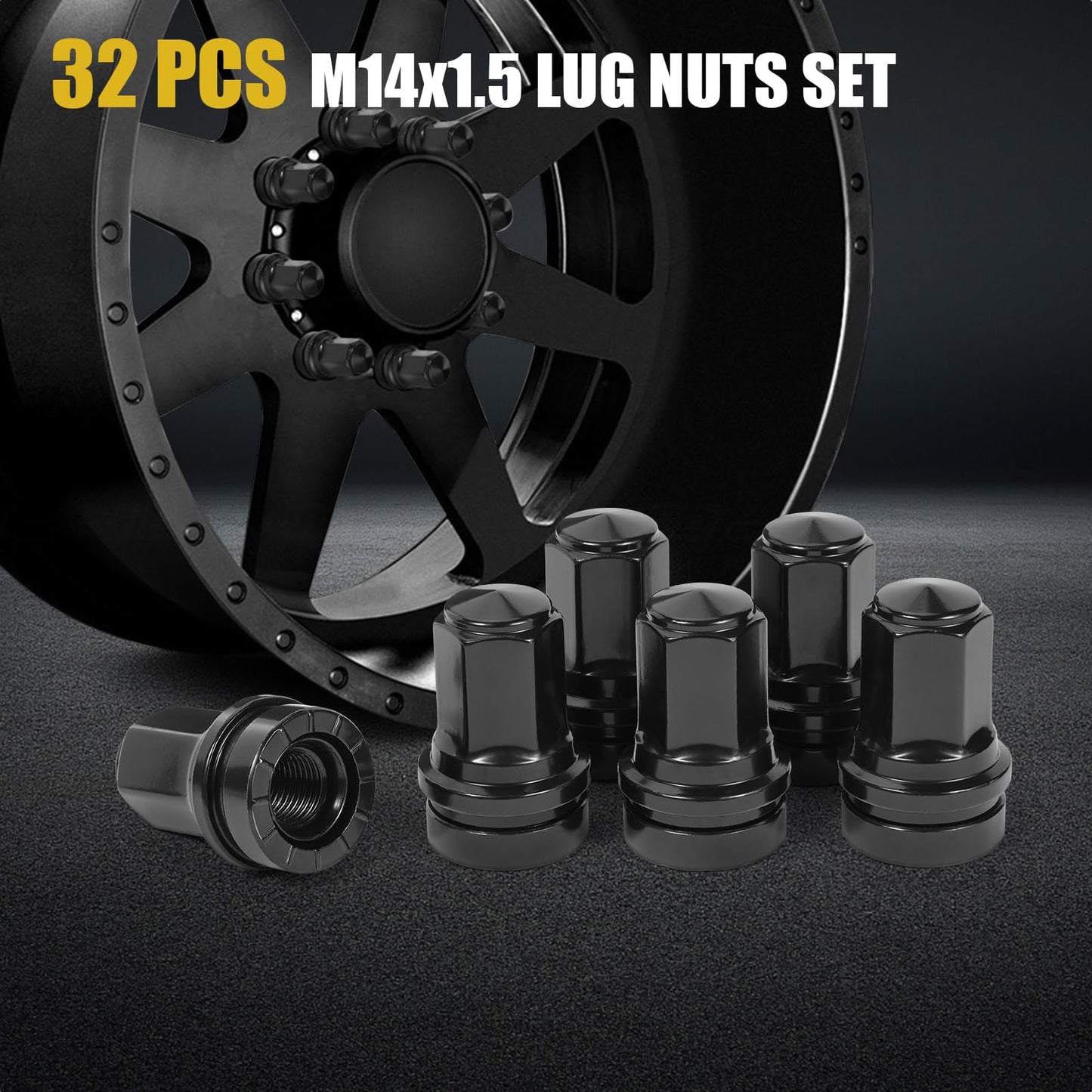 32 Pcs M14x1.5 One-Piece Design Chrome Lug Nuts for 2017-2025 Ford F250 F350 Super Duty HCPZ-1012-B HCPZ-1012-A (Black)