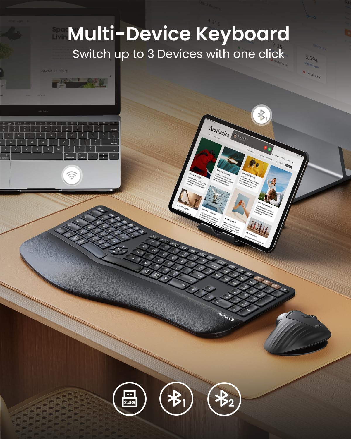 ProtoArc Backlit Wireless Ergonomic Keyboard, EK01 Plus Full Size Ergo Keyboard with Wrist Rest, Split Design, Rechargeable, Bluetooth and USB, Natural Typing Compatible with Windows/Mac/Android Black