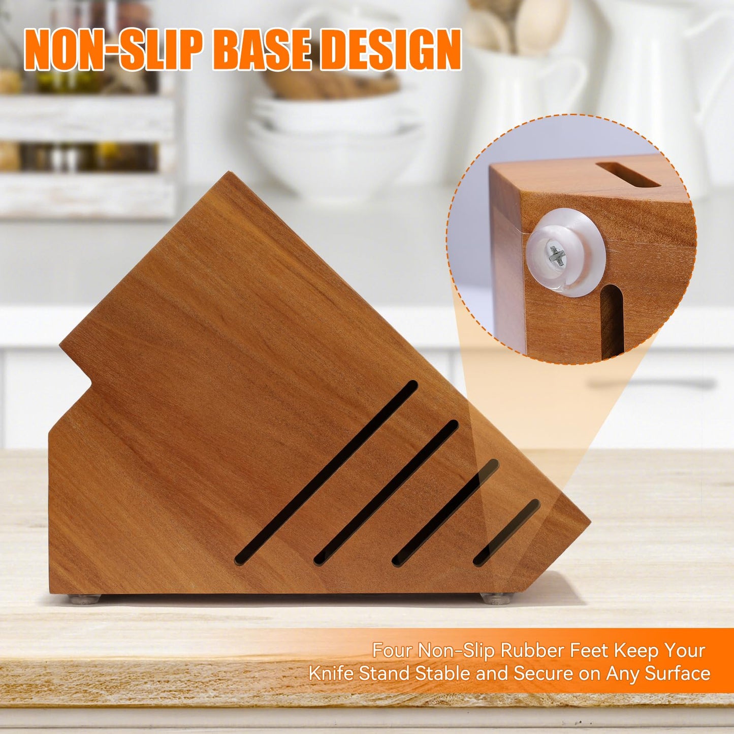 Teak Wood Knife Block Holder without Knives, 20 Slot Large Universal Wooden Knife Block Organizer with Wide Slots and Secure Stand, Countertop Butcher Block for Kitchen Storage