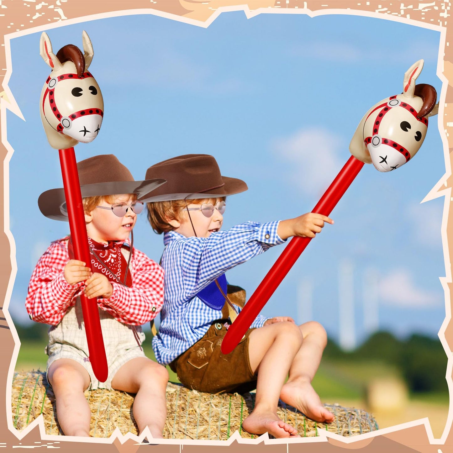 Xtinmee 48 Pcs Kids Cowboy Party Favor with Cowboy Hats Inflatable Stick Horses Bandanas Heart Glasses for Kid Costume(Brown)
