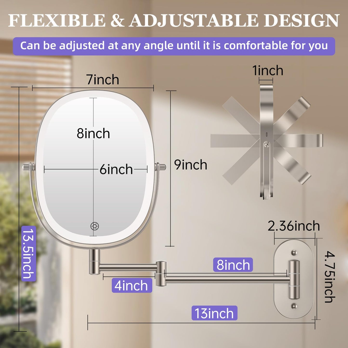 FUNTOUCH 30X/1X Wall Mounted Lighted Makeup Mirror,5000mAh Rechargeable Double Sided Magnifying Bathroom Lighted Mirror, 3 Color Modes Touch Dimmable Extended Arm 360 Rotation, Brush Nickel
