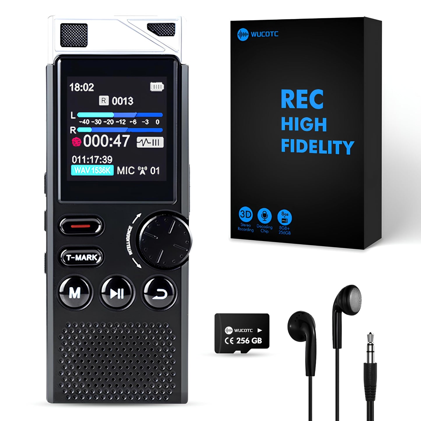 Professional 264GB WUCOTC Digital Voice Recorder - Voice Activated Recorder for Lectures Meetings - 18000 Hours Recording Device with Playback, MP3 Player, Password Protection, Variable Speed, Black