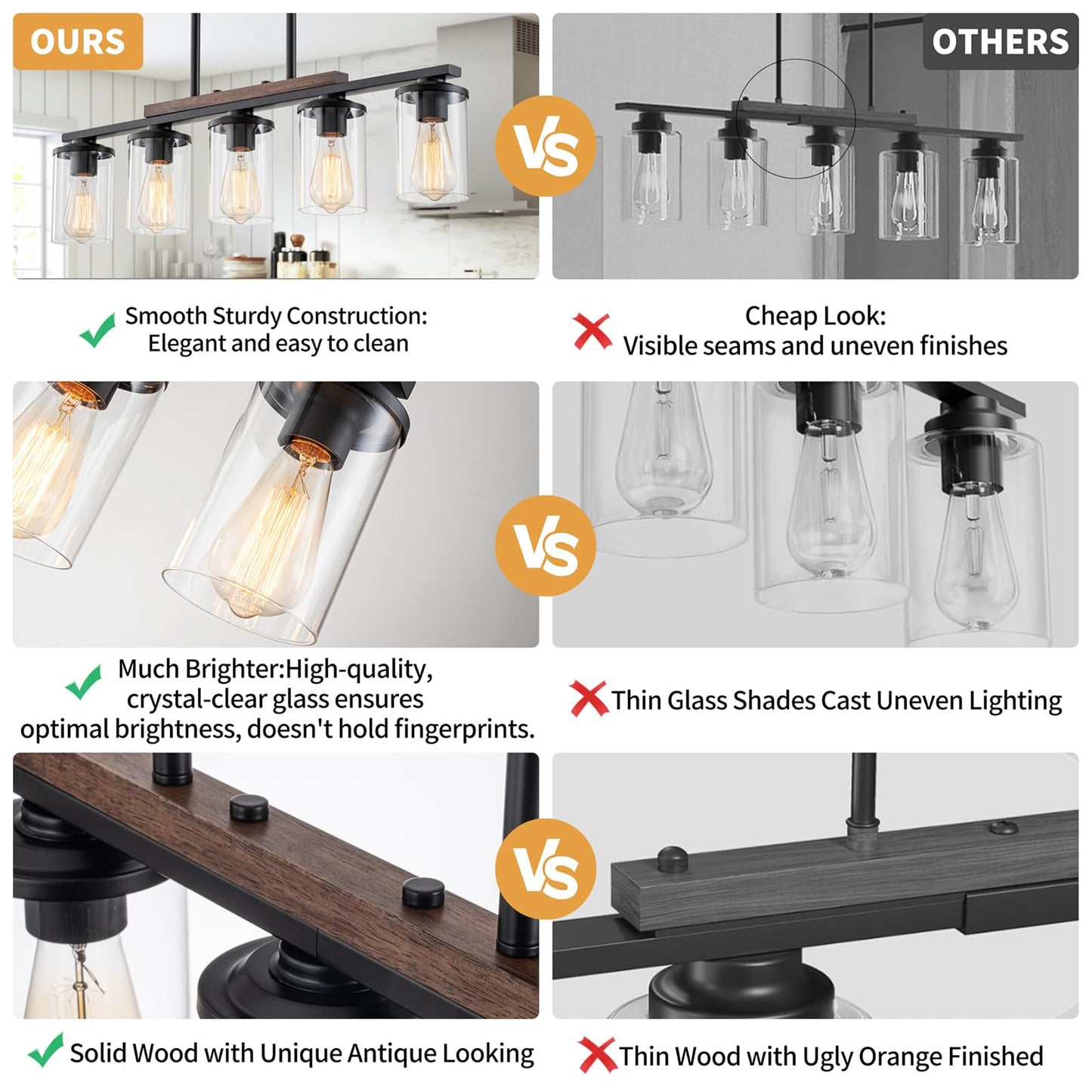 2025 Upgraded Kitchen Island Lighting, 5-Light Dining Room Light Fixtures Over Table Kitchen Island Lights with Rustic Wood Frame Farmhouse Chandelier for Dining Room, 32.4" Black Clear Glass Shades
